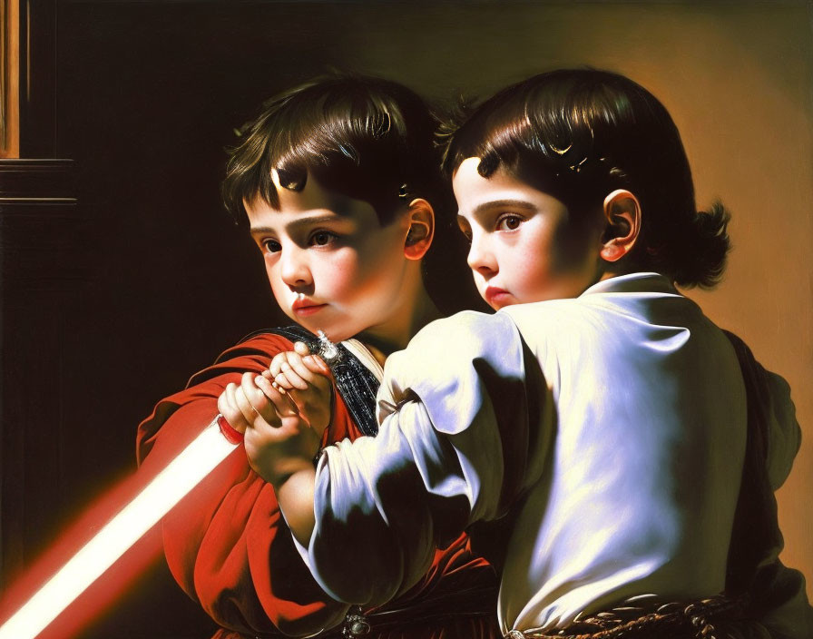 Children in Star Wars costumes with lit lightsaber in classical painting style