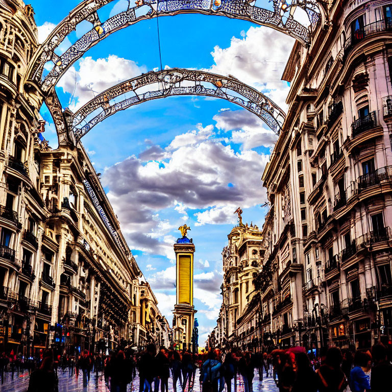 Ornate buildings and statue in vibrant street scene