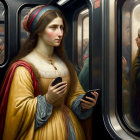 Classical Attire Woman with Smartphone in Subway Car