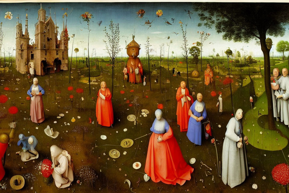 Detailed Renaissance painting with fantastical landscape, period attire, bizarre structures, hybrid creatures, and oversized flowers