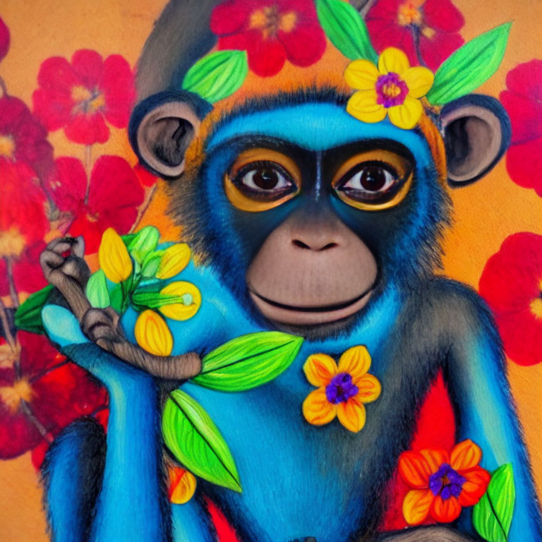 Vibrant painting of a blue monkey with floral elements on orange background