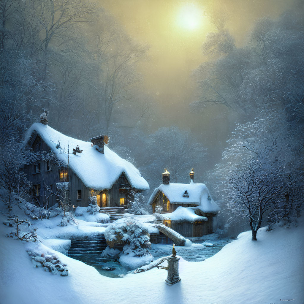 Winter Forest Sunset: Snow-covered Cottages in Tranquil Setting