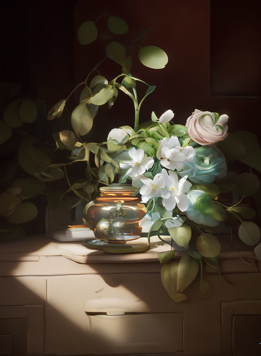 Tranquil still life with glowing lantern, greenery, and white flowers