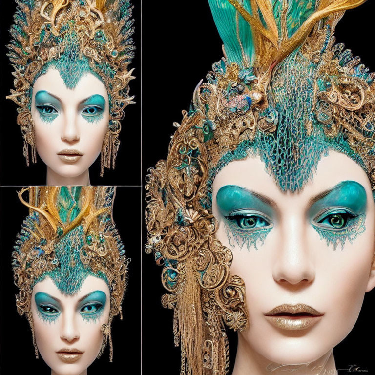 Turquoise and Gold Accented Headpiece with Bold Makeup and Regal Fantasy Vibe