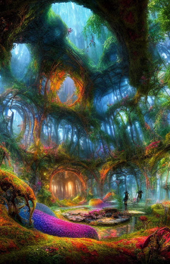 Enchanting forest with twisted trees, vibrant flora, glowing pathway, and mystical creatures