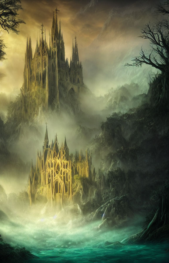 Ethereal gothic cathedral spires in misty forest landscape