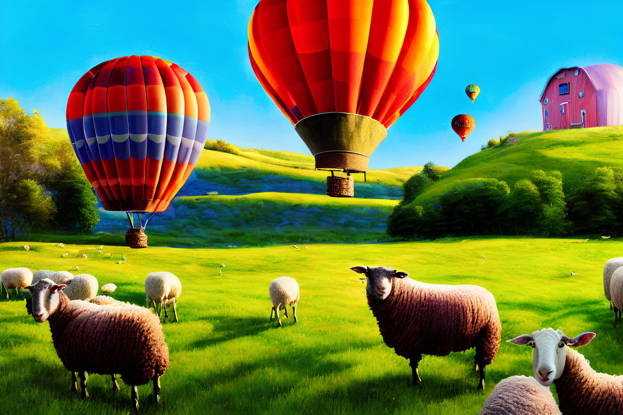 Vibrant hot air balloons over green meadow with sheep and purple-roofed barn