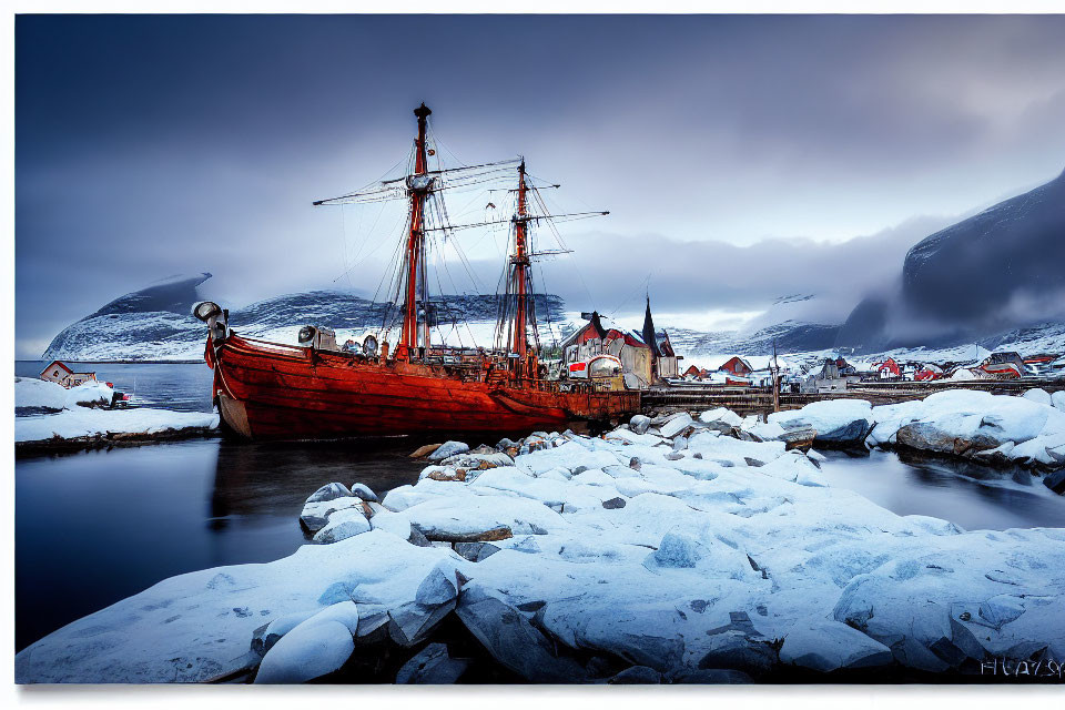 Traditional buildings and red wooden ship on icy shore with scattered ice chunks.