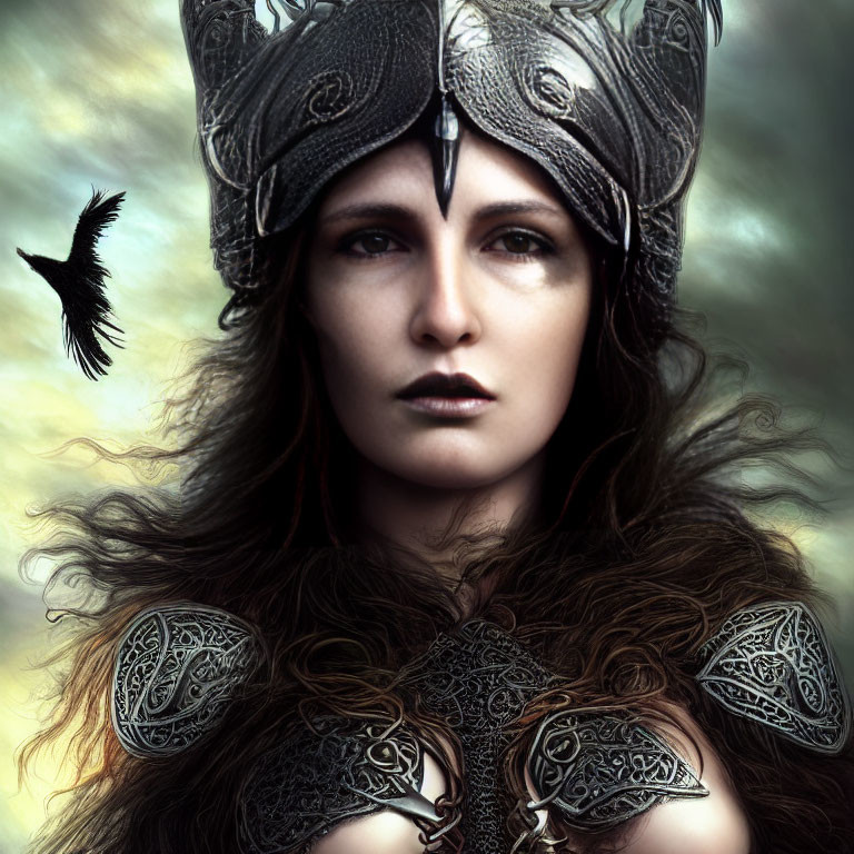 Female warrior in ornate armor with crow in background - medieval fantasy theme.