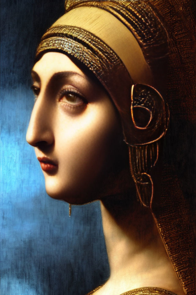 Serene woman portrait with gold headband and intricate earring