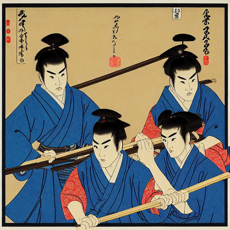 Three samurais in blue and red attire with wooden practice swords on a yellow background with Japanese text