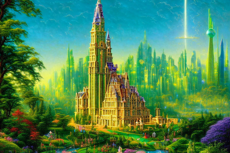 Elaborate castle in vibrant fantasy landscape