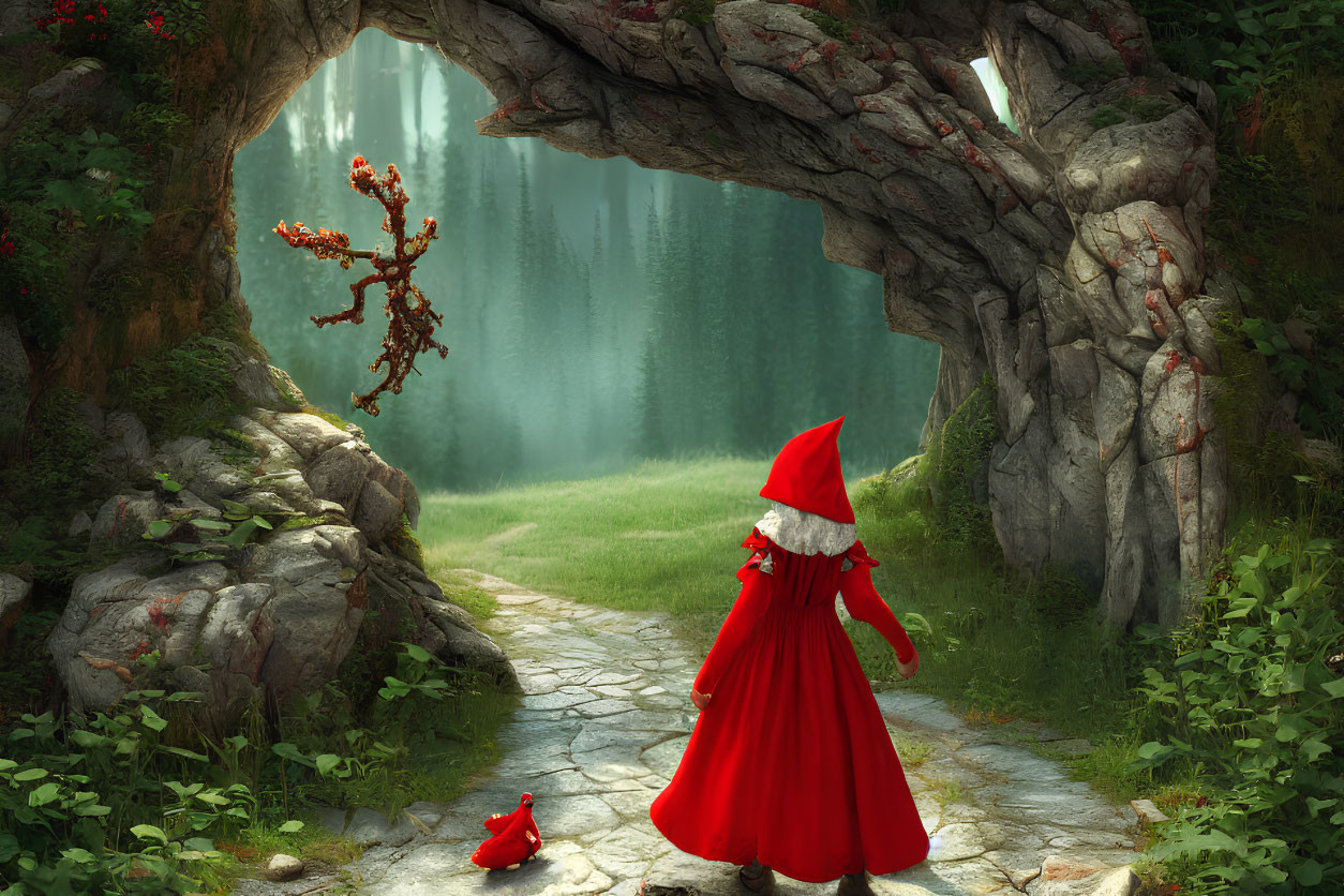 Person in Red Cloak Observing Waterfall in Forest with Red Bird