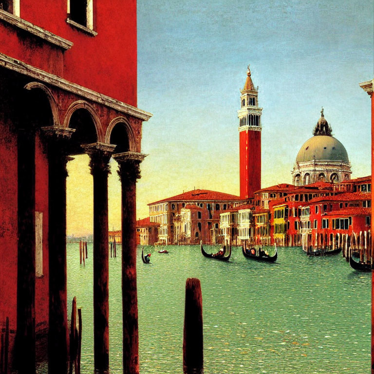 Venice cityscape painting with gondolas, historic buildings, and bell tower