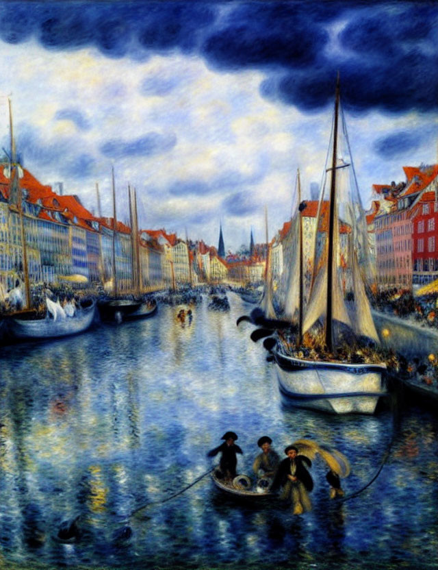 Colorful Buildings and Sailboats on Canal with Rowing People