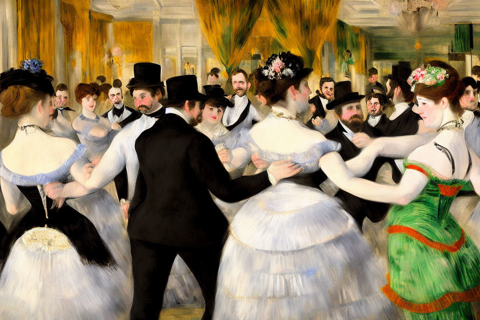 19th-Century Ballroom Scene: Men in Tails, Women in Hoop Skirts