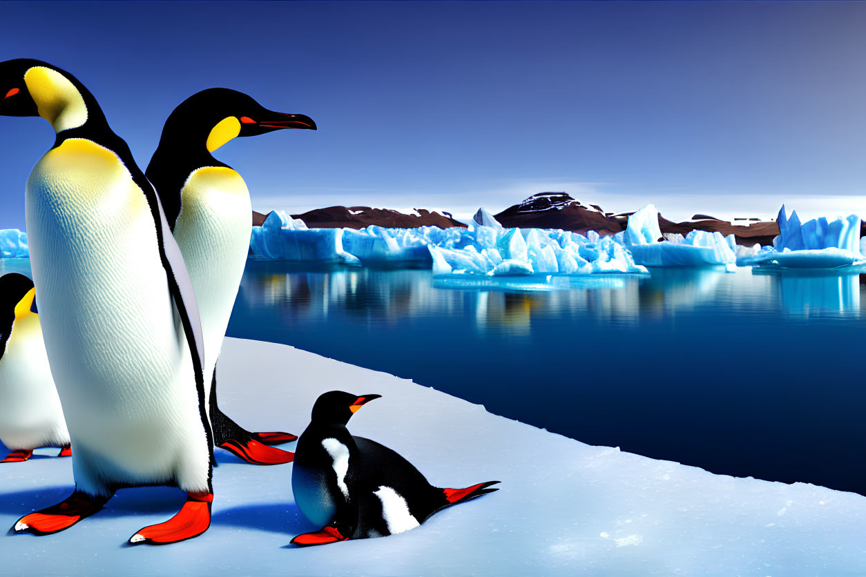 Three penguins in icy landscape with blue waters and icebergs