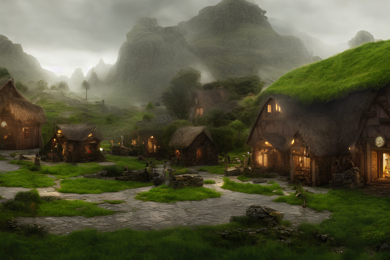 Picturesque village with thatched-roof cottages and fog-shrouded hills