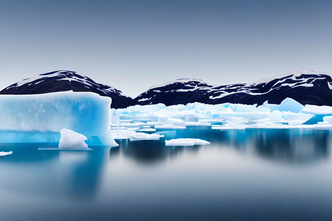 Tranquil polar landscape with ice formation, floating ice, and snow-capped mountains