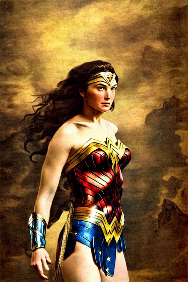 Person in Wonder Woman costume with tiara, gauntlets, and armored bodice on textured background