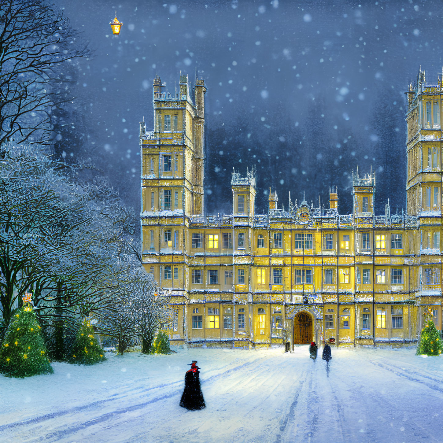 Snowy Evening Scene: People Approaching Grand Illuminated Building