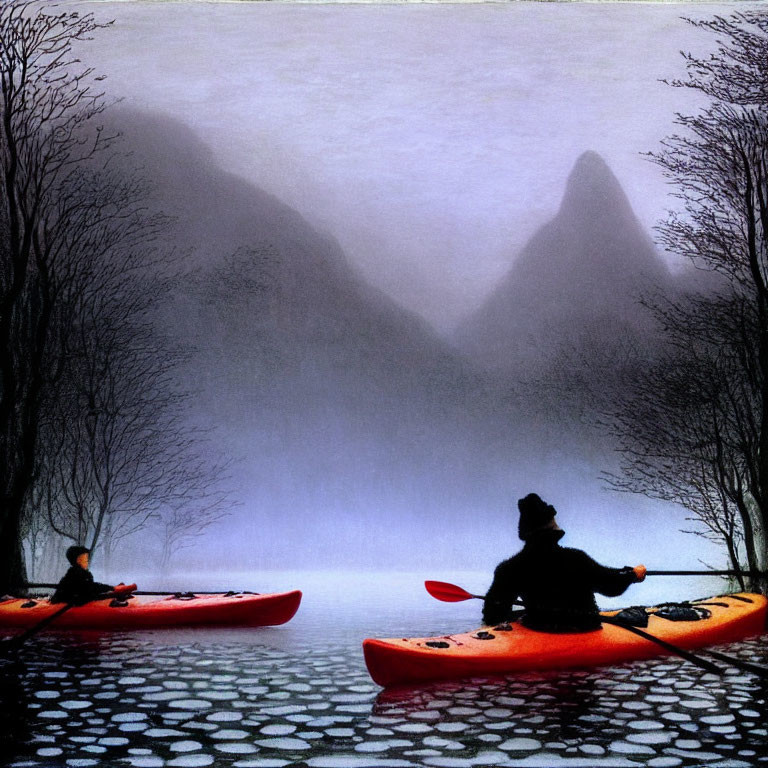 Kayaking on misty river with leafless trees and mountains.