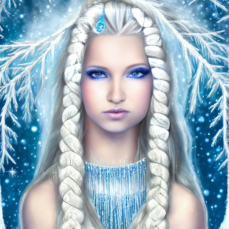 Pale-skinned woman with blue eyes and white braided hair in snowy scene