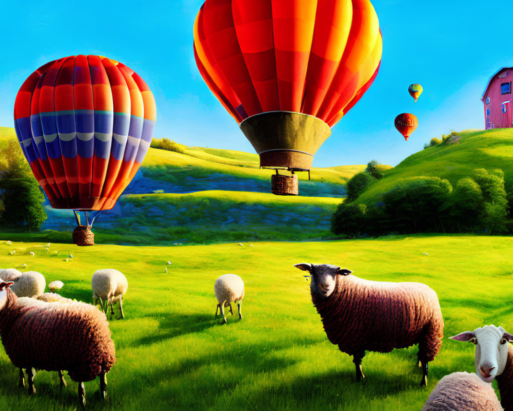 Vibrant hot air balloons over green meadow with sheep and purple-roofed barn