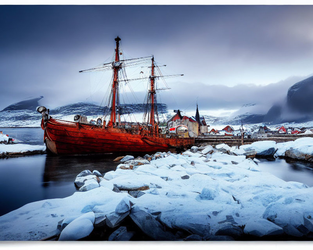 Traditional buildings and red wooden ship on icy shore with scattered ice chunks.