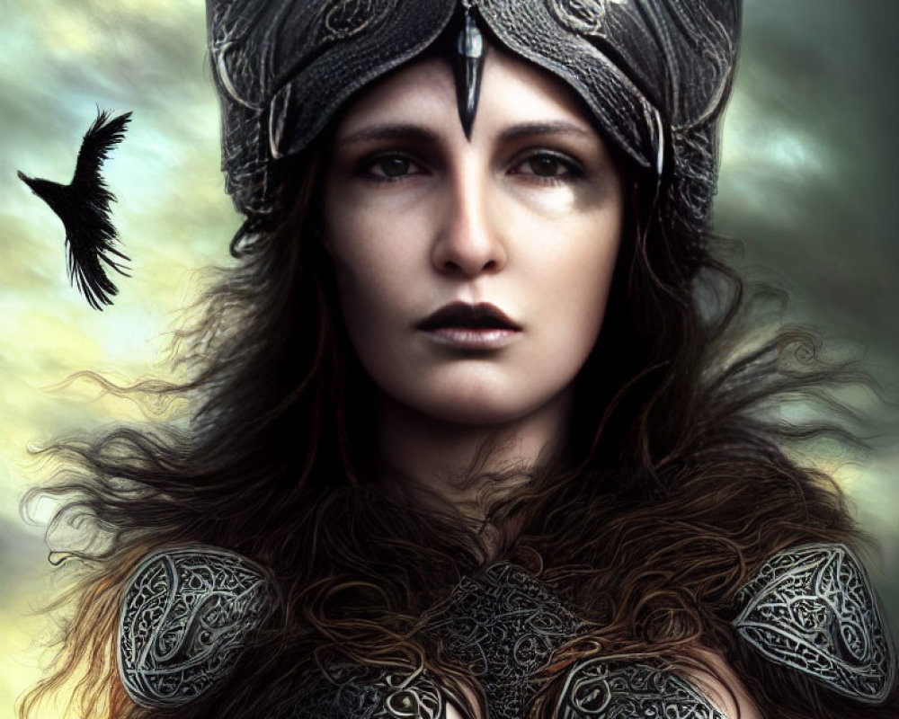 Female warrior in ornate armor with crow in background - medieval fantasy theme.