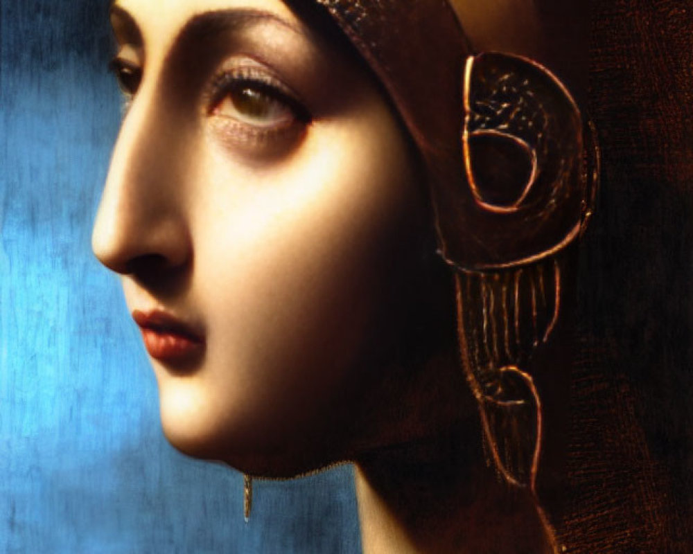 Serene woman portrait with gold headband and intricate earring