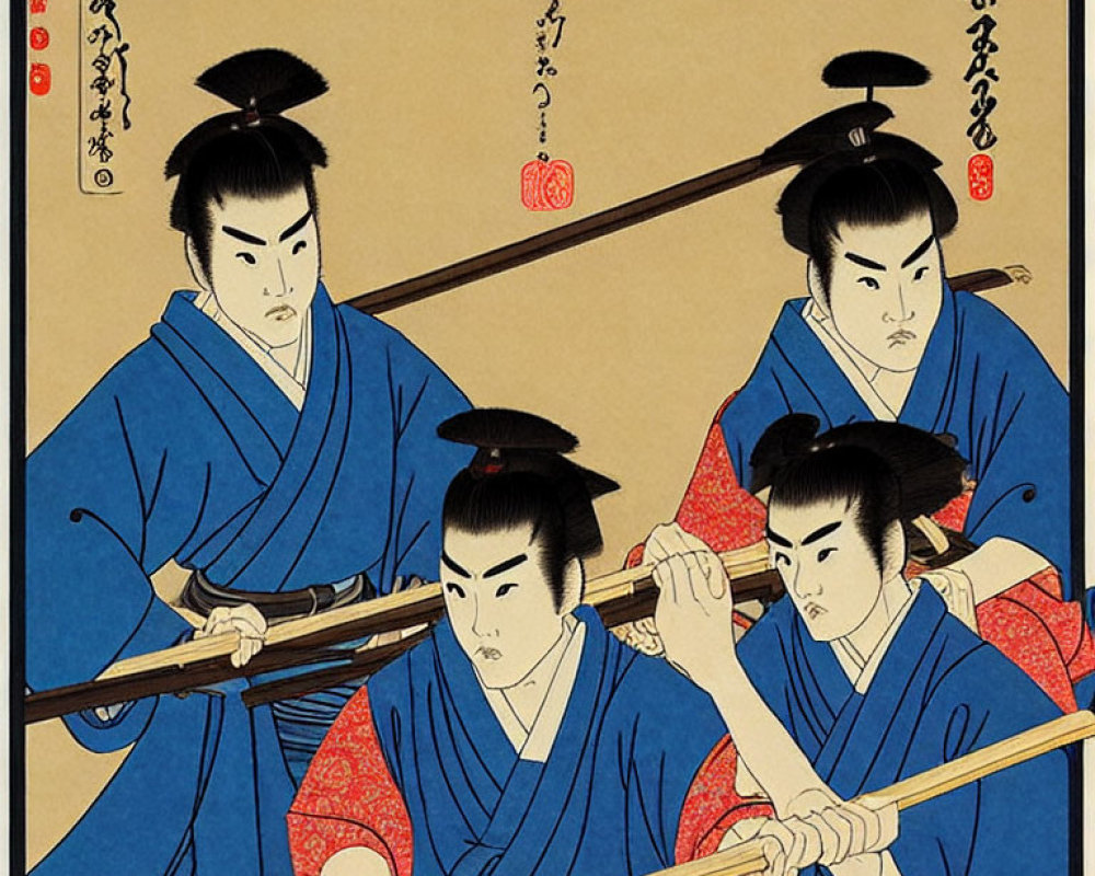 Three samurais in blue and red attire with wooden practice swords on a yellow background with Japanese text