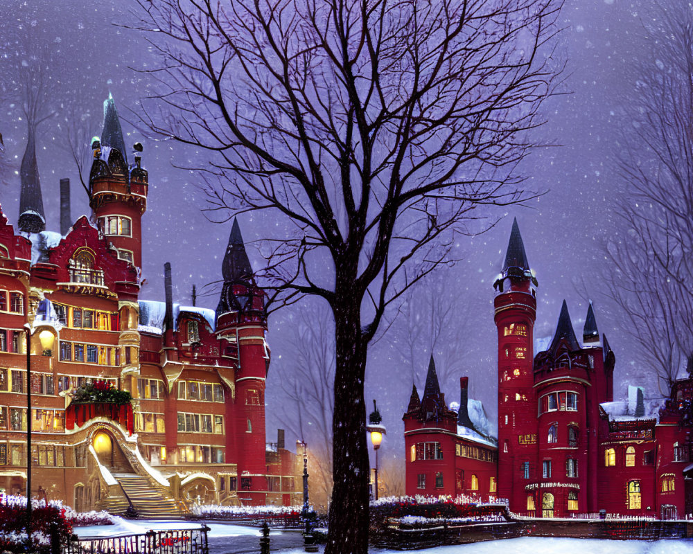 Snowy evening castle with illuminated fairytale vibes