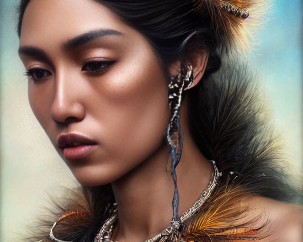 Woman portrait with feathered headdress, jewelry, and fur garment portraying tribal aesthetic