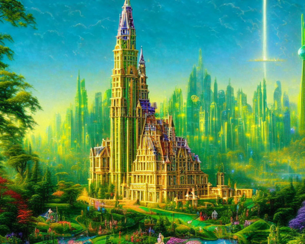 Elaborate castle in vibrant fantasy landscape