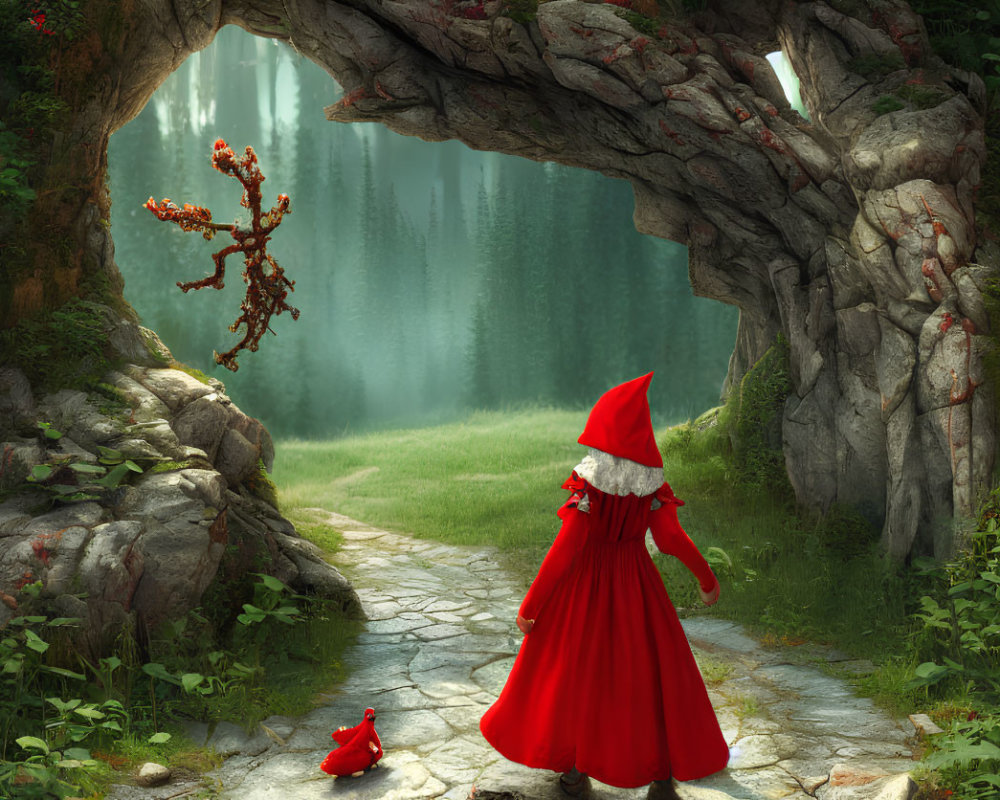 Person in Red Cloak Observing Waterfall in Forest with Red Bird