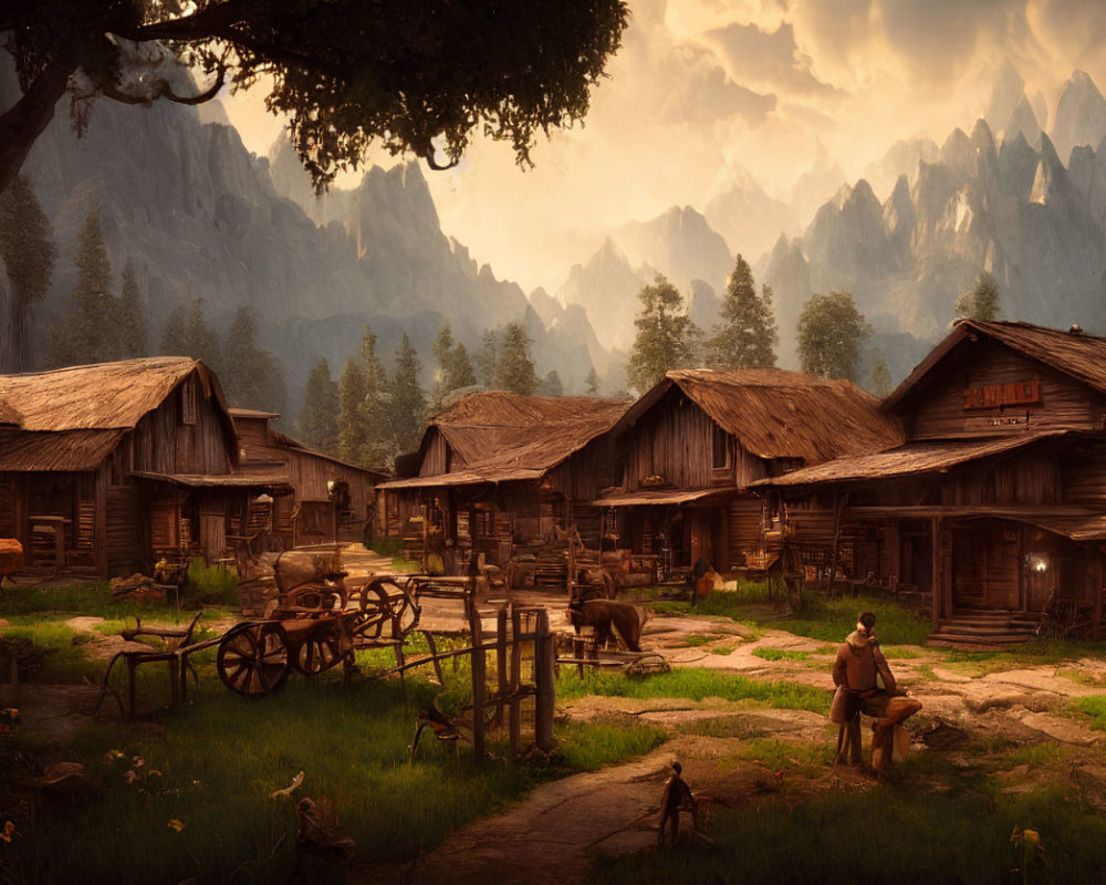 Rustic village scene with wooden houses, horse cart, mountains, villagers, dogs at sunset