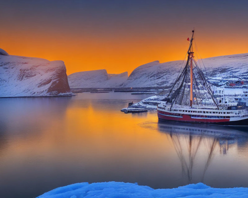 Snow-covered mountains under vibrant sunset with docked ship in icy harbor