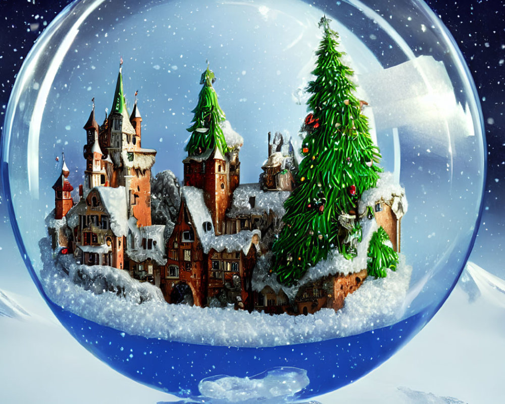 Winter Village Snow Globe with Decorated Trees and Starry Sky