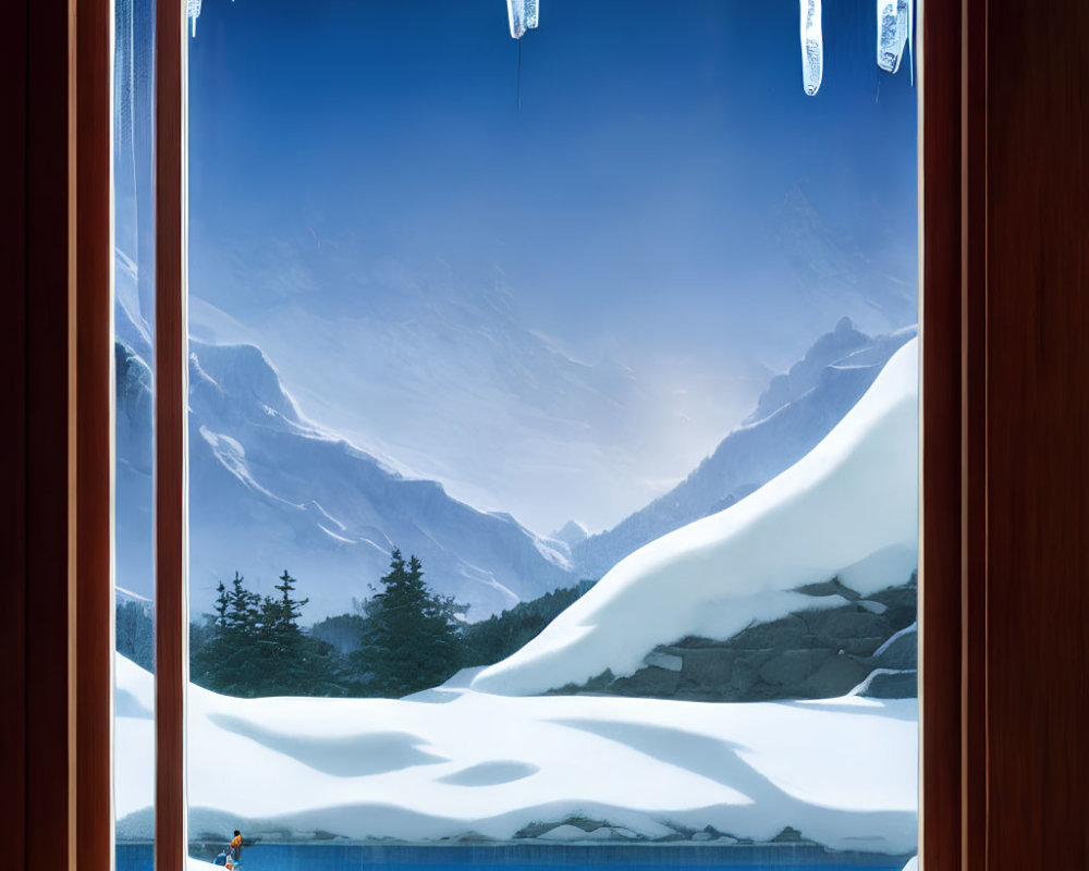 Snowy Winter Landscape with Mountains, Pine Trees, Lake, and Skier