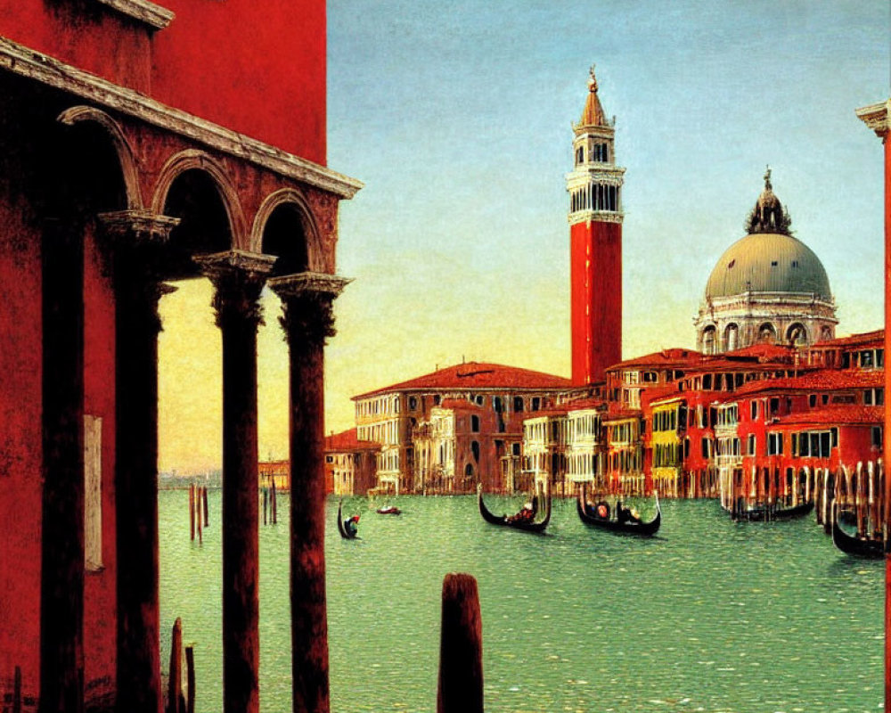 Venice cityscape painting with gondolas, historic buildings, and bell tower