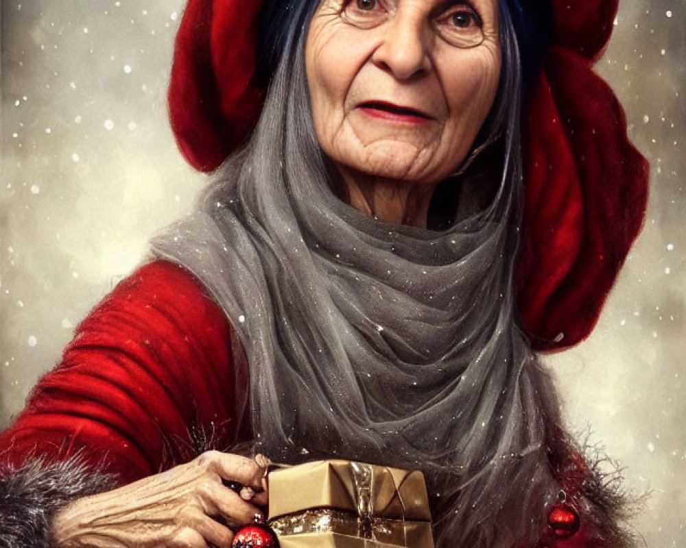 Elderly woman with blue eyes in red hat and sweater holding golden gift box in snowfall