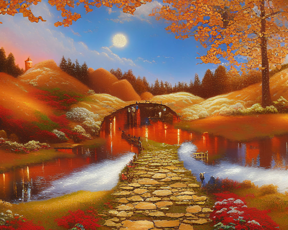 Vivid autumnal riverscape with stone bridge and colorful trees