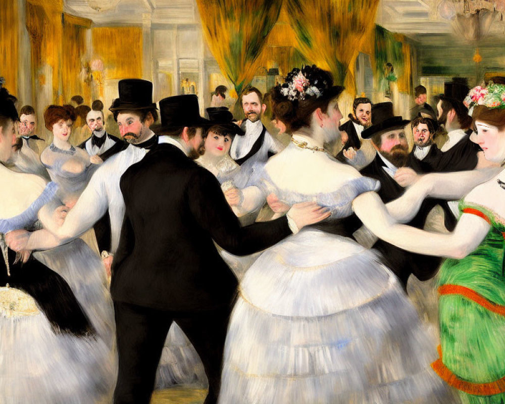 19th-Century Ballroom Scene: Men in Tails, Women in Hoop Skirts