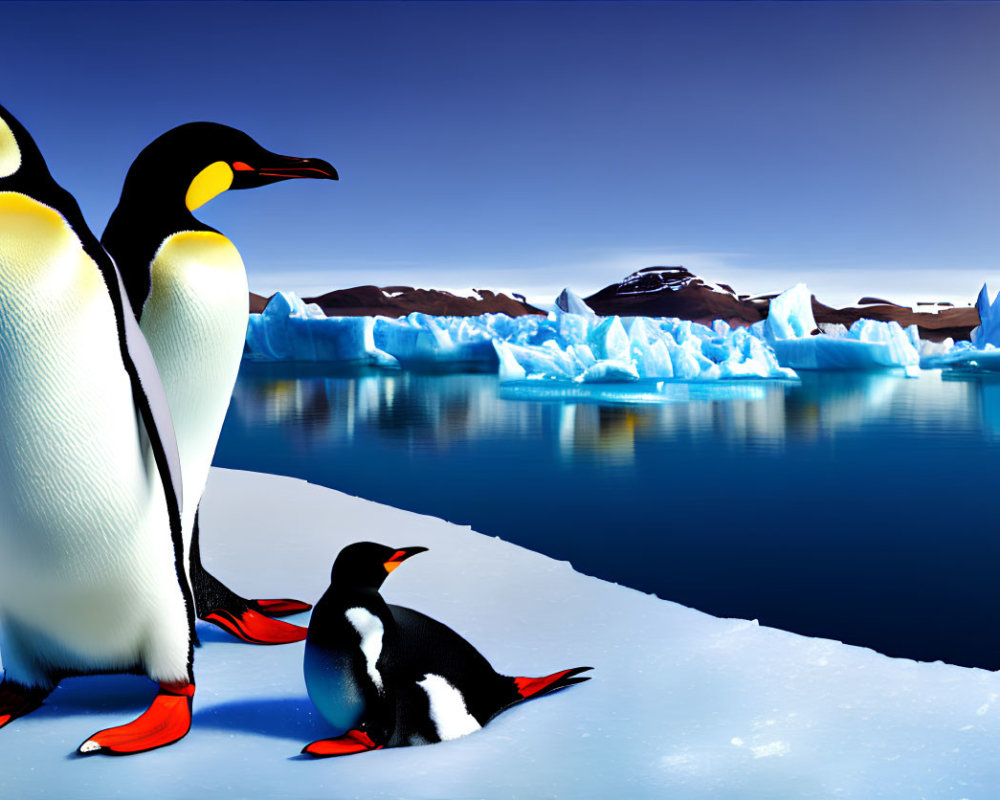 Three penguins in icy landscape with blue waters and icebergs