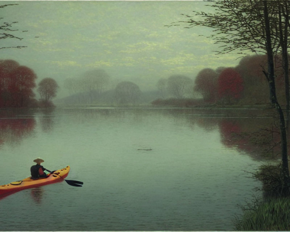 Yellow kayak paddler on tranquil lake with misty trees