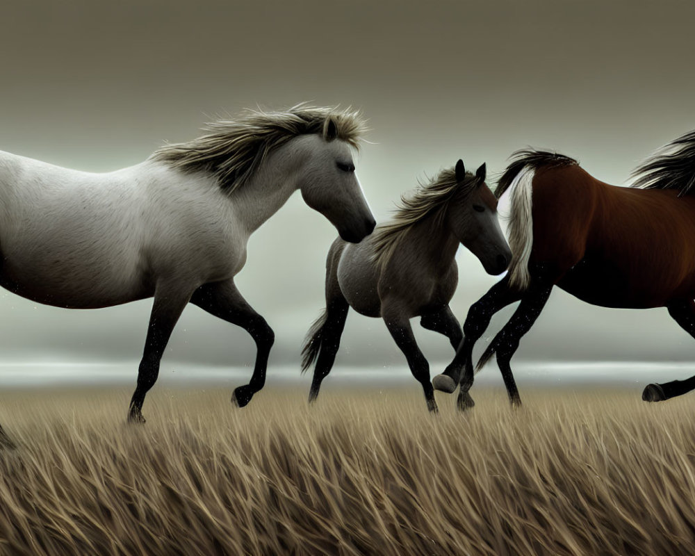 Three horses galloping in tall grass under grey sky