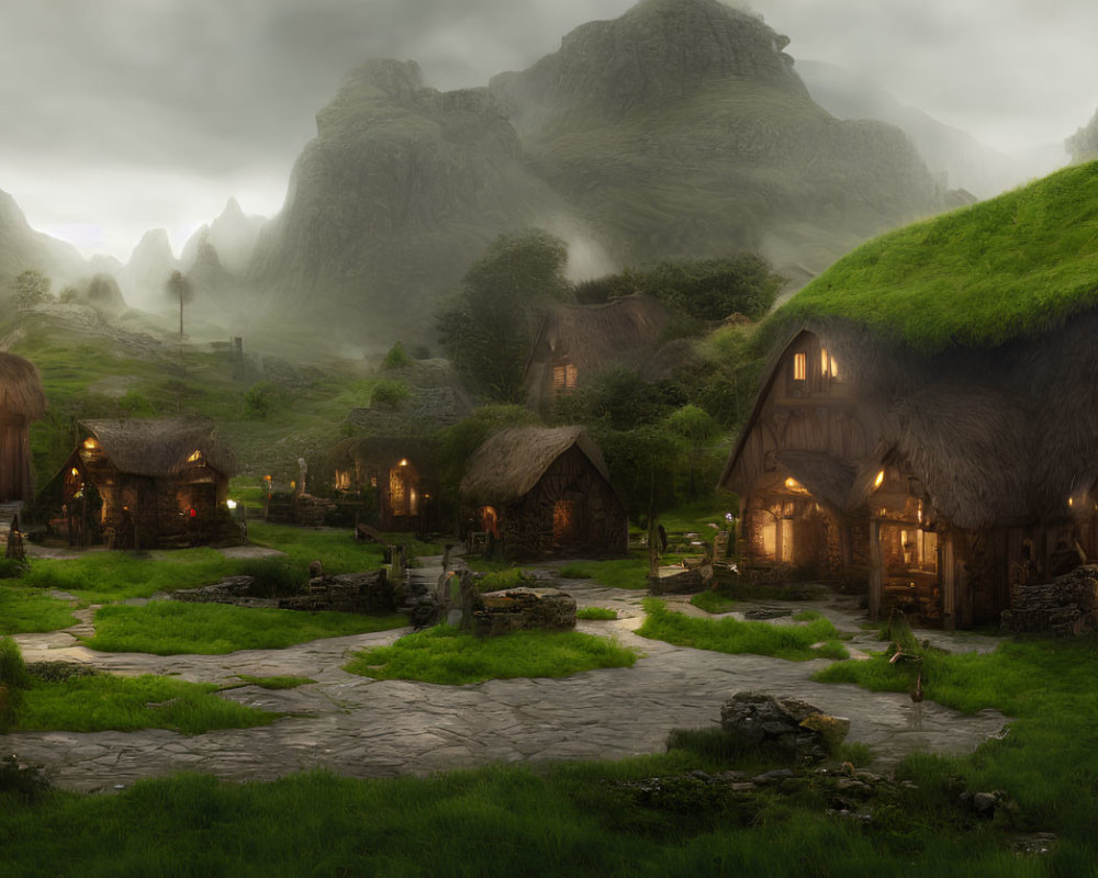 Picturesque village with thatched-roof cottages and fog-shrouded hills