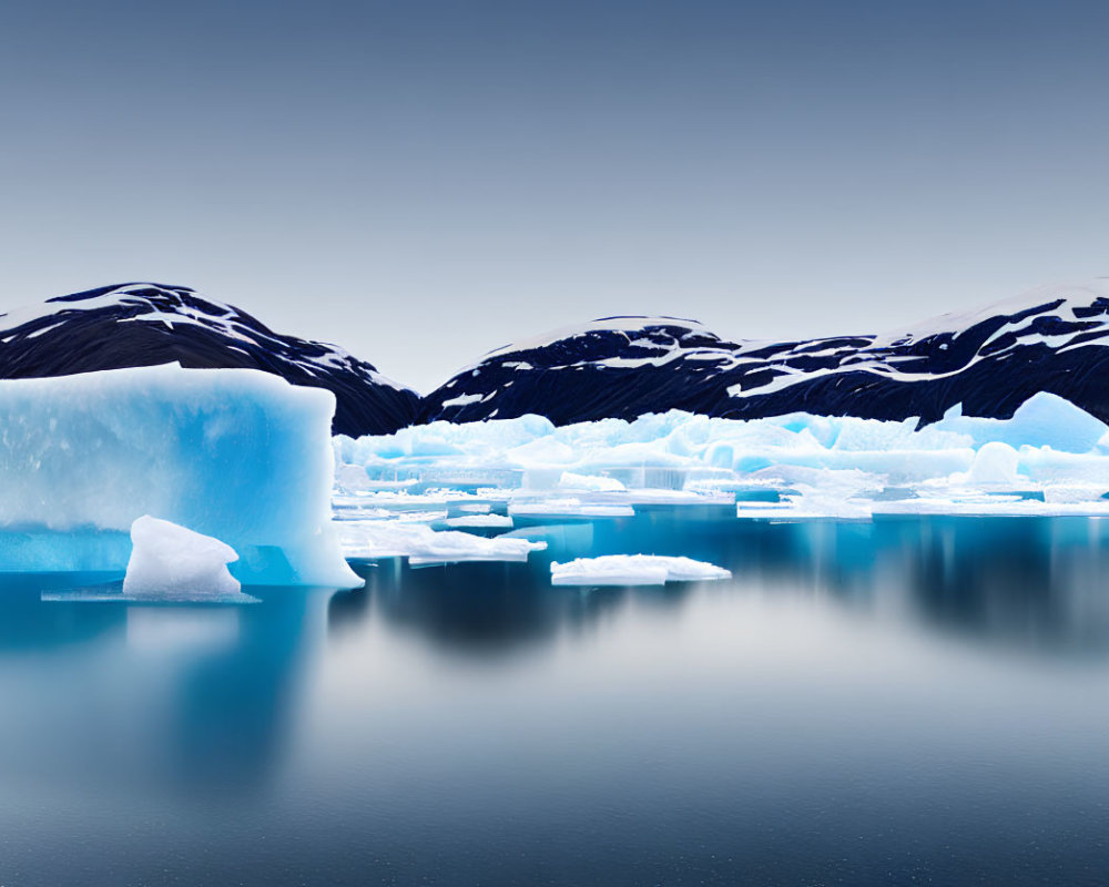 Tranquil polar landscape with ice formation, floating ice, and snow-capped mountains