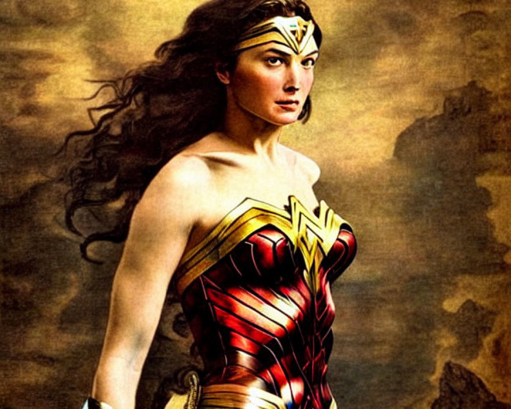 Person in Wonder Woman costume with tiara, gauntlets, and armored bodice on textured background